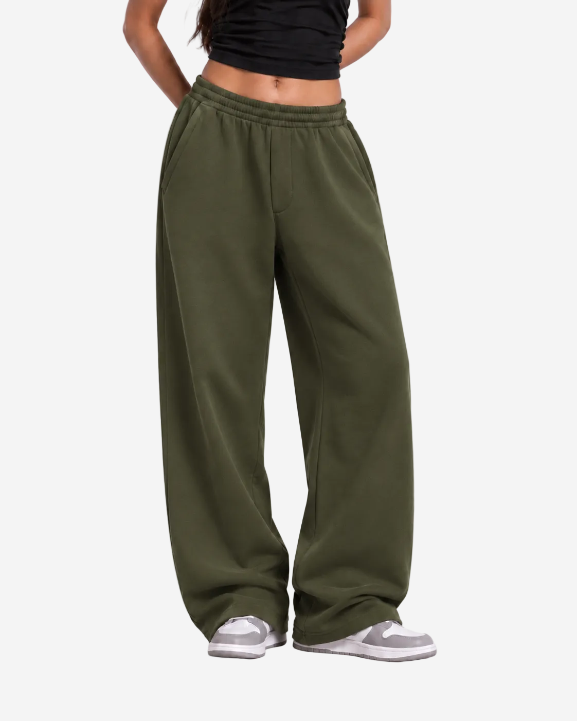 "Unisex olive green relaxed uncuffed" sweatpants
