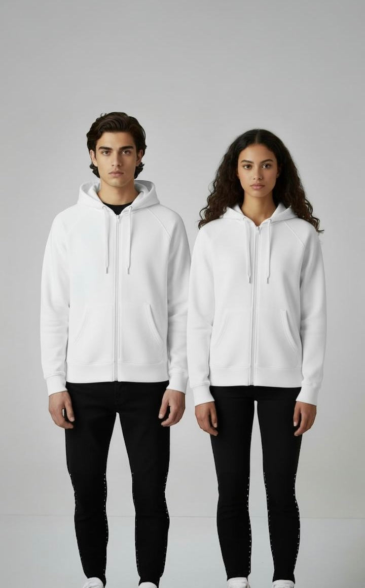 "Unisex Basic White" zip-up hoodie