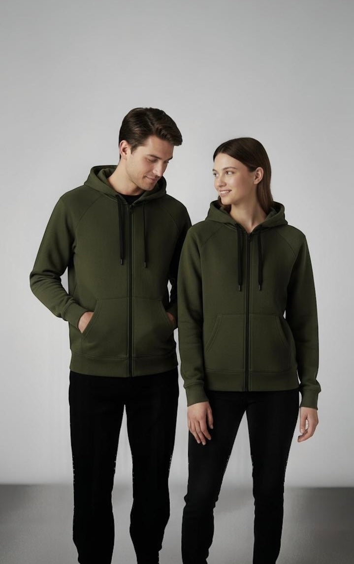 "Unisex Basic Olive Green" zip-up hoodie