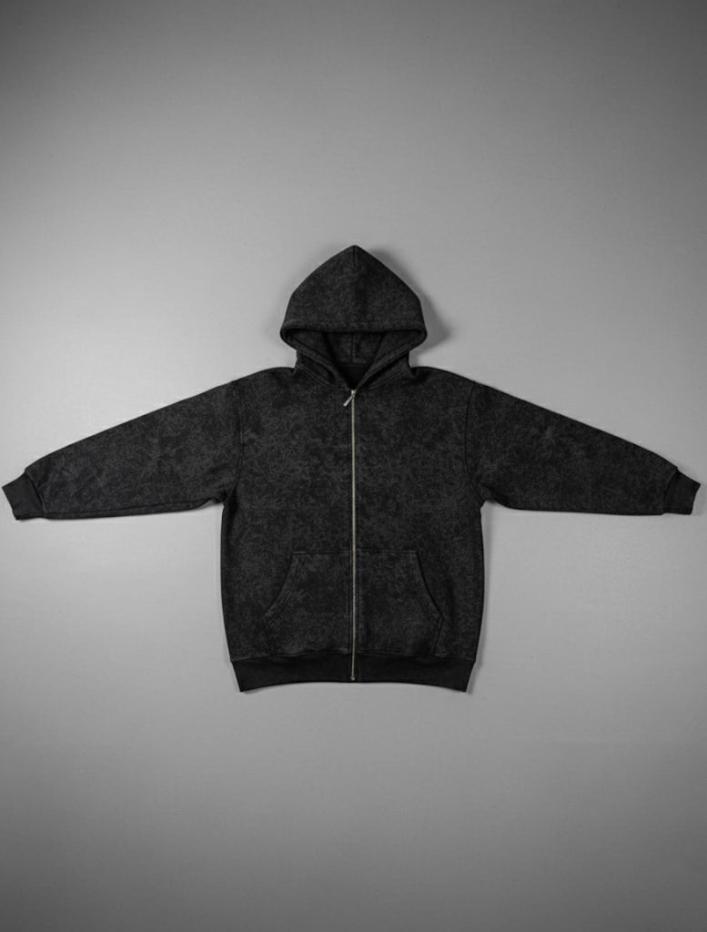 "Unisex Basic Acid-Washed Black" zip-up hoodie
