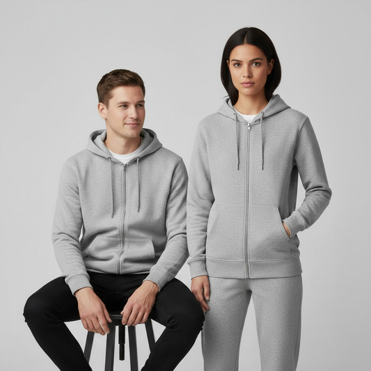 "Unisex Basic Light Heather Grey" zip-up hoodie