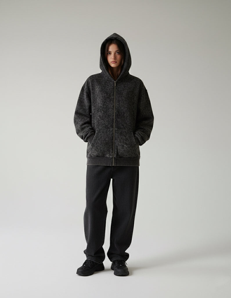 "Unisex Basic Acid-Washed Black" zip-up hoodie