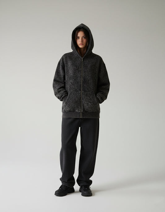 "Unisex Basic Acid-Washed Black" zip-up hoodie
