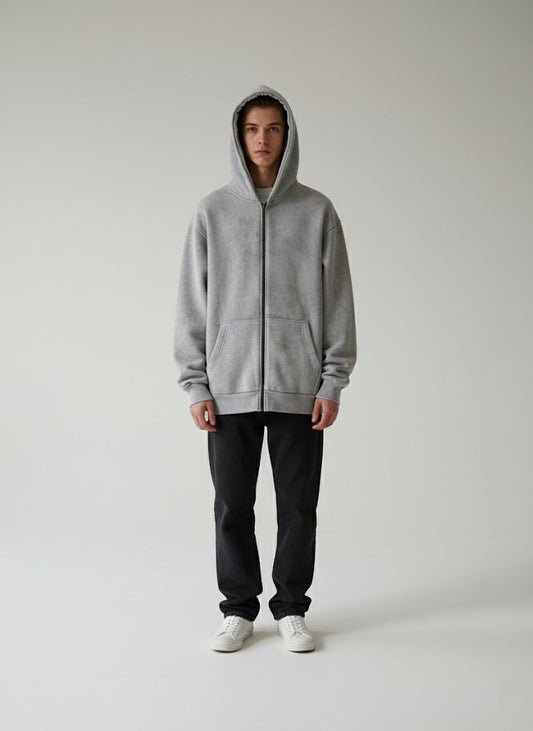 "Unisex Basic Acid-Washed Grey" zip-up hoodie